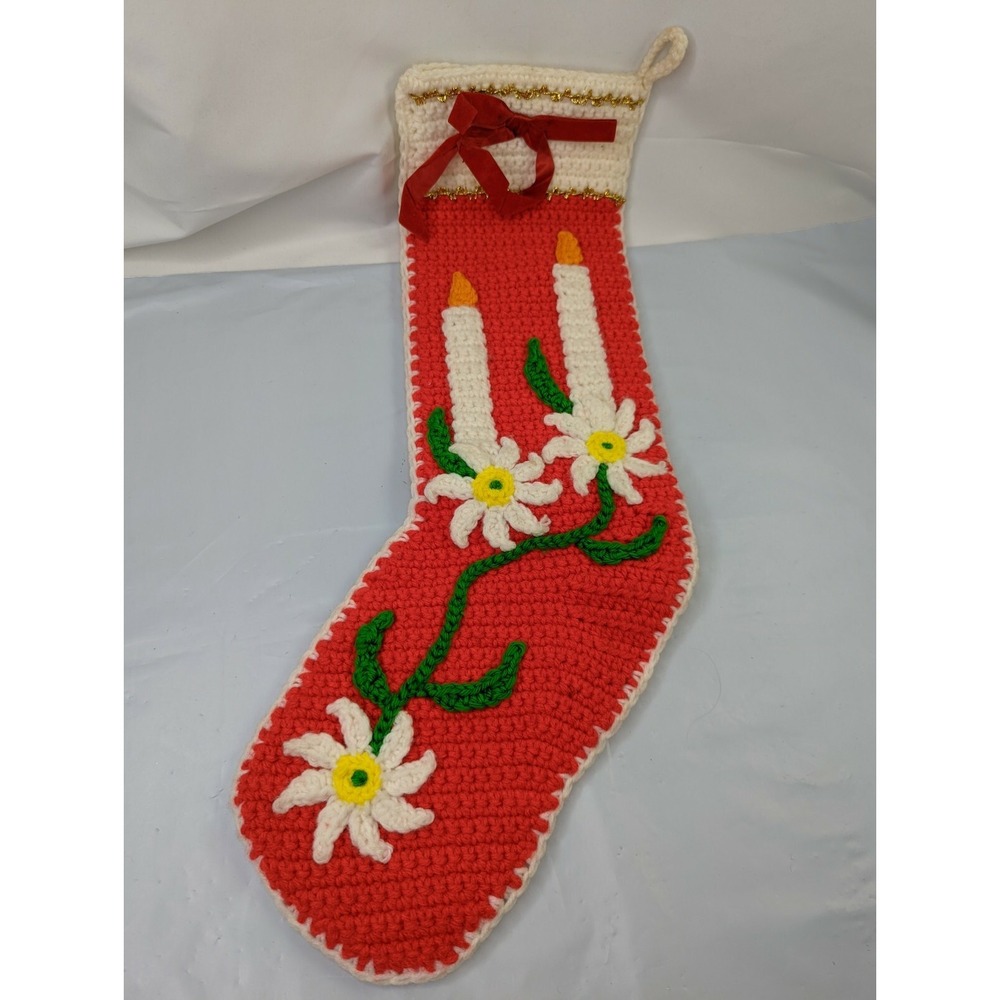 Crochet Christmas Stocking 20 Inch Candle Flowers‎